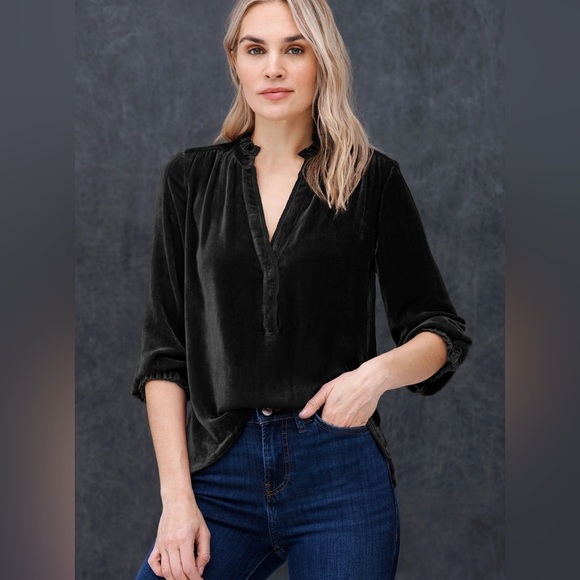 go silk velvet long sleeve black black button down ruffle collar washable silk - Picture 1 of 14